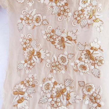 Beige Lace With Floral Embroidery In Off White And Bronze Work, Embroidered Trim, 1 Yard Trim